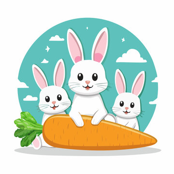Three Cute White Rabbits with a Giant Carrot