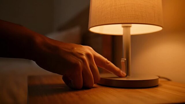 A person's hand reaching to activate a modern bedside lamp in a dimly lit bedroom, creating a warm and peaceful ambiance for evening relaxation or sleep