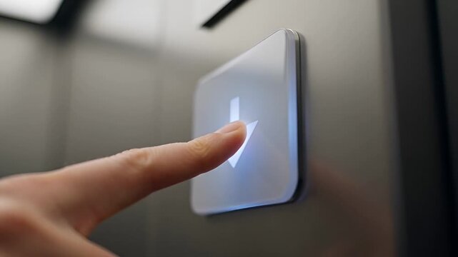 Close-up of a person's finger pressing a glowing down arrow button on an elevator panel, indicating movement