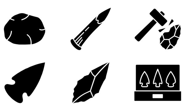 black silhouettes of stone tools and tree icons on white background