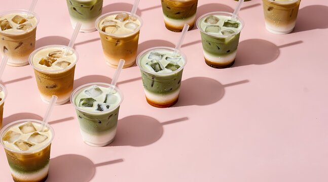 Assorted Iced Matcha and Coffee Drinks Arranged on Pink Surface