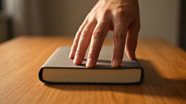 Close-up of a person's hand gently resting on a closed book, symbolizing knowledge and learning