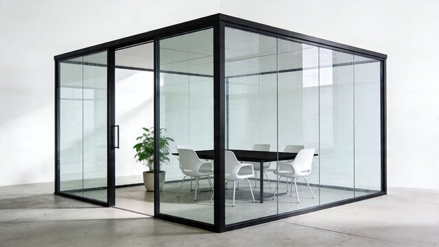 Modern Glass Meeting Room Enclosure Standing in Minimal Office Interior