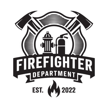 firefighter department emblem with axes hydrant and extinguisher