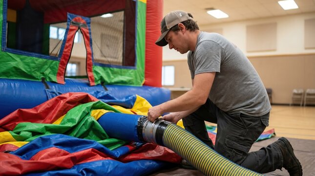 Focus on crew member fastening blower hose to an indoor bounce castle entrance gym walls and ceiling lights creating a subtle outoffocus backdrop.