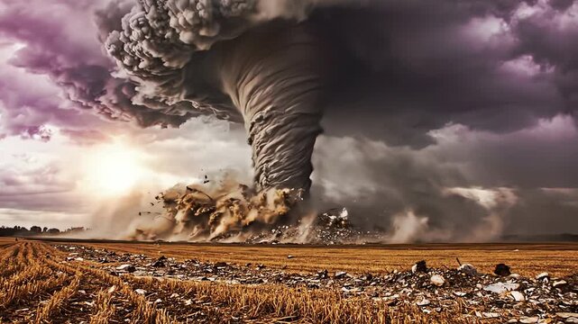 Spectacular 4k aerial view of a massive vortex ripping across open plains, bathed in dramatic, moody storm light, conveying raw natural power and destructive force for high-end