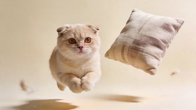 Cream Scottish Fold Cat Leaping Beside Plaid Pillow in Soft Beige Studio
