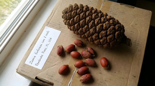 Zamia furfuracea cone and seeds from Pembroke Pines Florida USA on a cardboard surface