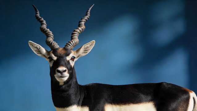 Alert Male Blackbuck Antelope Standing Against Soft Blue Natural Background