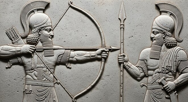 A detailed stone bas-relief carving depicting two ancient assyrian warriors in profile view