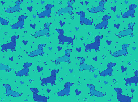 Seamless dachshund dog pattern featuring playful blue sausage dogs, hearts, and scattered dots on a vibrant turquoise background. Cute hand-drawn canine illustration perfect for textiles.