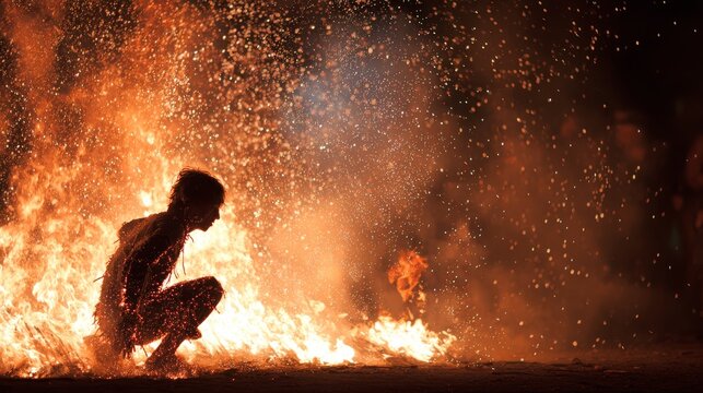 Man dancing under fire, dynamic scene with dramatic flames and movement.