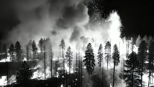 Spectacular 4k aerial view of raging wildfires crowning through arid woodland, bathed in dramatic deep shadows and vivid embers at night, conveying devastating natural power and