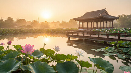 Fototapeta premium Morning Light Over Lotus Pond With Glassy Water Delicate Petals Serene And Peaceful Natural Reflection