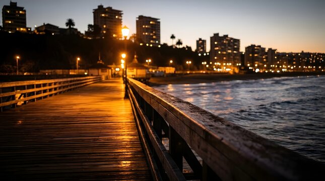 Wooden pier illuminated by lampposts at dusk with city lights and ocean waves