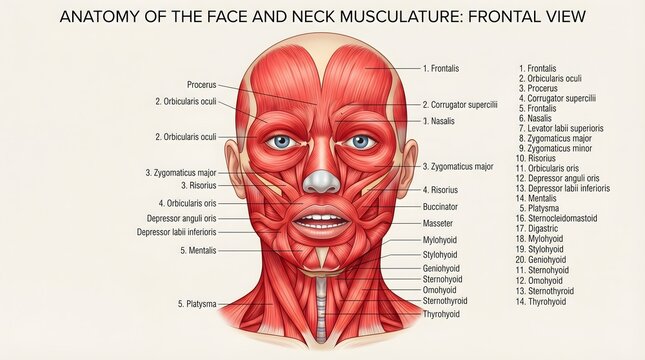 Detailed Anatomical Illustration of Face and Neck Musculature Frontal View Medical