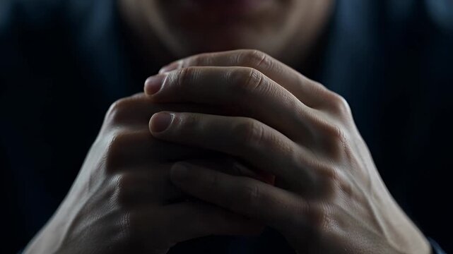 Close-up of clasped hands, a person in deep prayer or solemn contemplation, expressing hope, faith, and quiet reflection during a moment of concern