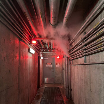 First Person View in Emergency Tunnel Chemical Refinery Red Alarm Warning Lights Flashing