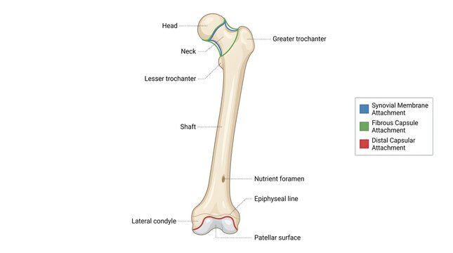 Detailed Colorful Femur Anatomy Structure with Label Diagram Illustration