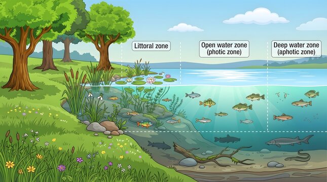 Cartoon Detailed Lake Ecosystem Diagram Illustrating Different Aquatic Zones and Life
