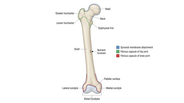 Detailed Anatomical Illustration of the Human Femur Bone with Labeled Parts