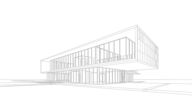Architectural sketch of a modern building with clean lines and large glass windows, rendered in a minimalist wireframe style