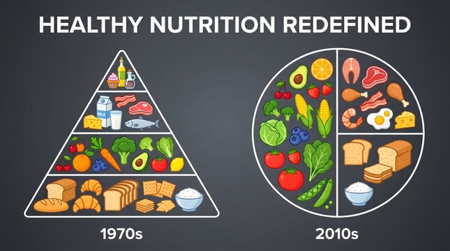 Creative Flat Style Nutrition Food Pyramid and Plate Comparison Illustration
