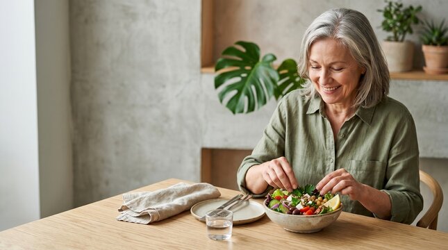 Smiling middle-aged woman with grey hair garnishing a fresh vegetable salad bowl on a wooden table in a bright modern home