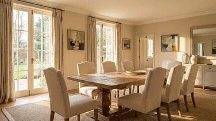 Fototapeta premium Sunlit Dining Room With Large Wooden Table Near Expansive Windows Natural Light And Elegant Atmosphere