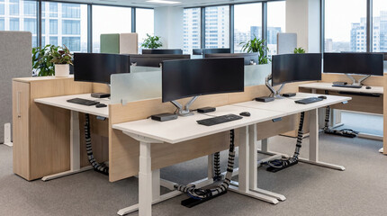 Fototapeta premium Technology Company Office With Partitioned Desk Clusters Modern Monitors Organized Professional Workspace Design