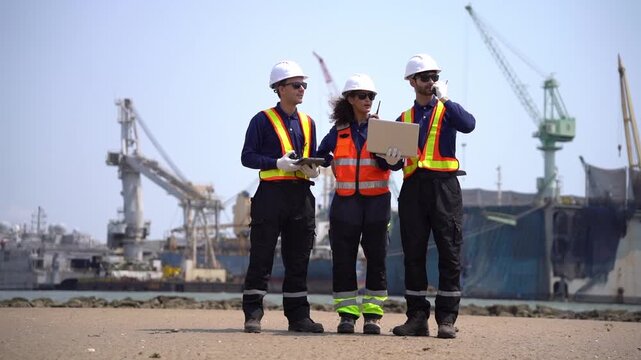 A group of engineers, wearing safety suits and helmets, are examining data on laptops in a shipyard and port area, with cranes and large ships in the background.