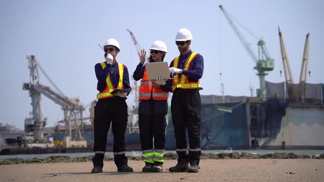 A group of engineers, wearing safety suits and helmets, are examining data on laptops in a shipyard and port area, with cranes and large ships in the background.