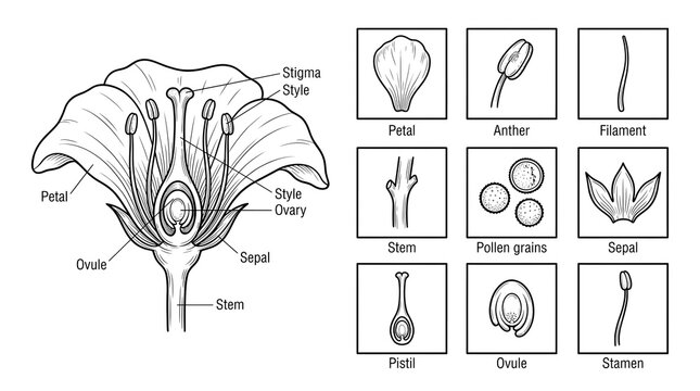 Detailed Outline Scientific Flower Anatomy Diagram with Labeled Botanical Parts Illustration for Education