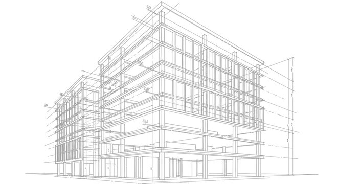 Detailed architectural blueprint of a modern multi-story building showcasing its structural framework and design elements