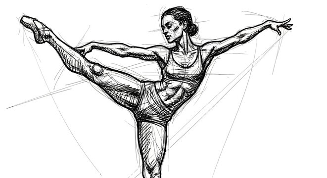 Dynamic athletic pose of a female dancer captured in a detailed and expressive charcoal sketch, showcasing strength and grace