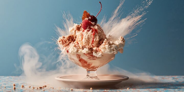 exploding ice cream sundae concept featuring a dessert explosion