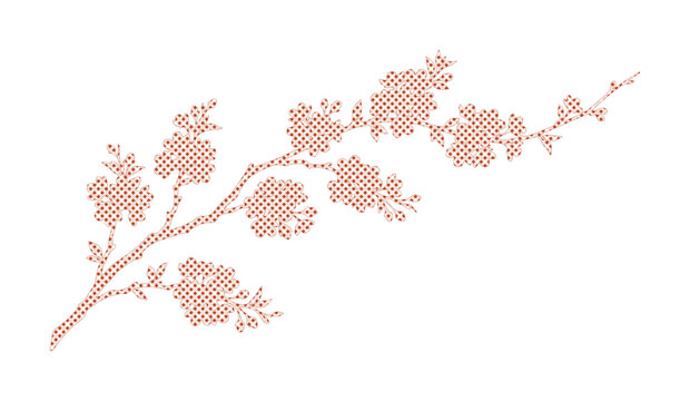 Delicate cross-stitch cherry blossom branch, intricate floral embroidery design, elegant spring flower vector art, traditional needlework illustration for textile and craft projects isolated on