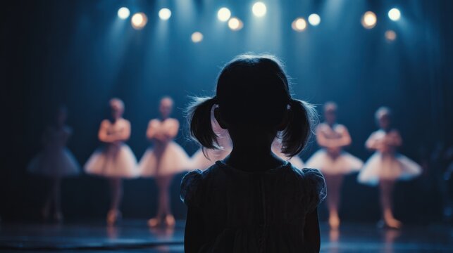 Young girl with pigtails standing on a stage in front of an audience during a dance performance or rehearsal