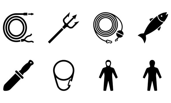 collection of fishing icons including people fish hooks and tackle on white background