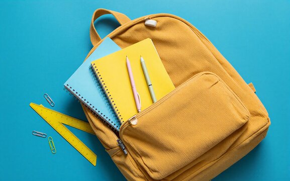 Yellow backpack with notebooks pens and school supplies on a bright