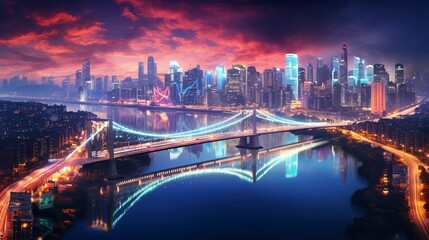 Fototapeta premium A photo of colorful bridges illuminating a vibrant cityscape
