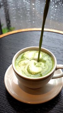 Cinematic Matcha Latte Pour Top View, Cozy Rainy Caf&eacute; Aesthetic on Dark Table