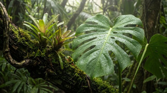 Wet lush jungle foliage with bromeliad and Monstera leaf green detailed macro