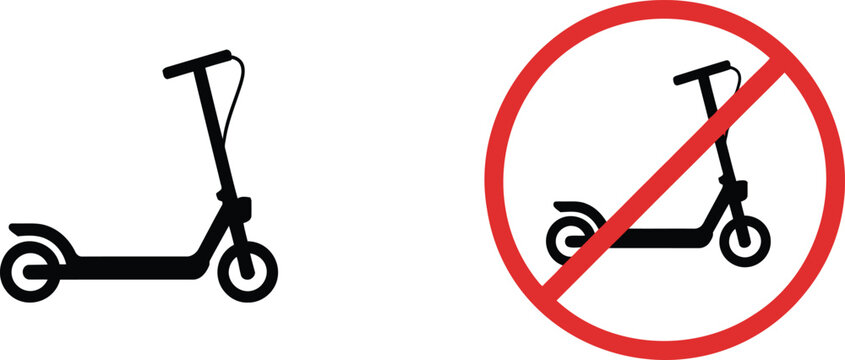 Black silhouette of an electric kick scooter next to a prohibited sign with a red circle and diagonal line representing restricted areas for personal transport