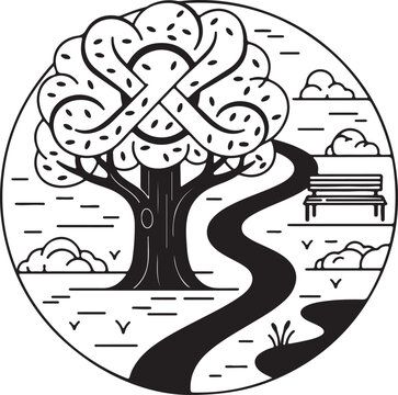 A circular line-art icon of a community park featuring a unique knotted tree, a winding path, a park bench, and stylized bushes under clouds.