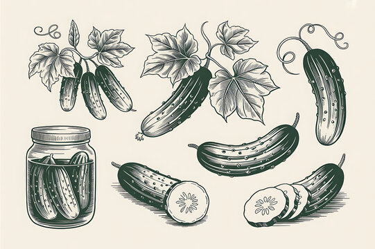 Illustration of Pickled Cucumbers: Organic Farm Fresh Bounty for Diet and Culinary Art in Rustic Kitchen Decor