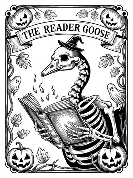 Creepy Gothic Goose Skeleton Reading Book: Whimsical Halloween Art Print with Pumpkin Ghosts and Witch Hat for Autumn Decor