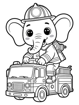 Elephant Firefighter and Fire Truck Cartoon: Funny Line Art Coloring Page for Kids &ndash; Educational, Whimsical Jungle Adventure