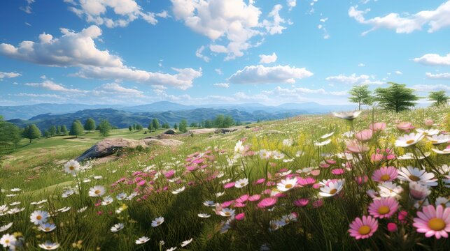 A photo of fields of wildflowers in bloom.