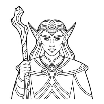Whimsical Elf Wizard Coloring Page: Detailed Fantasy Character with Staff in Enchanting Armor for Creative Artistic Expression